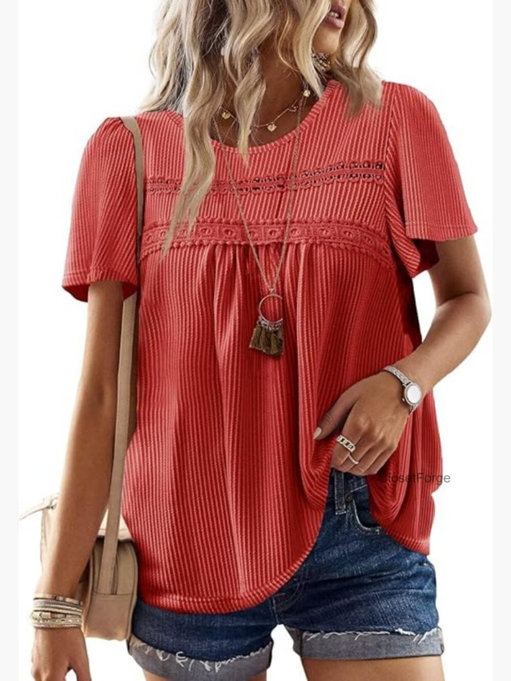 Crewneck Short Sleeve Striped Flowy Boho Blouse Top